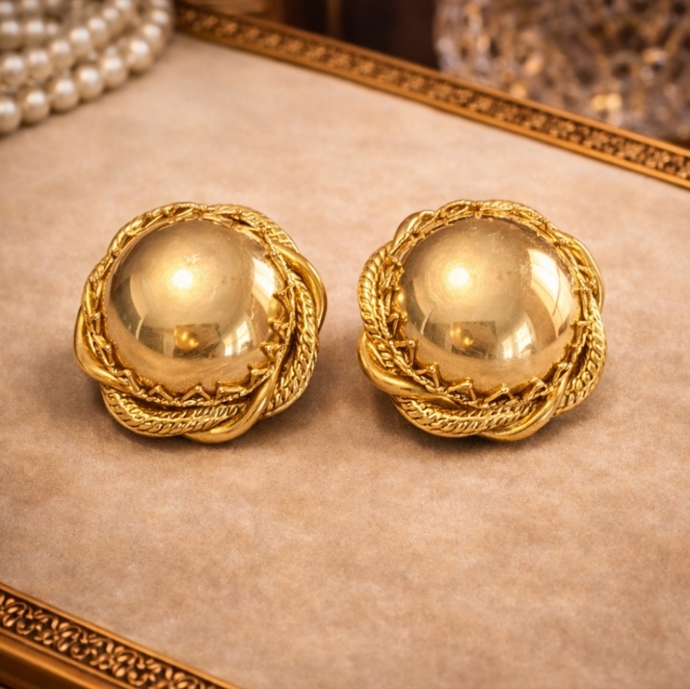 Vintage Mid Century Gold Tone Filigree Dome Clip On Earrings Pat Pend